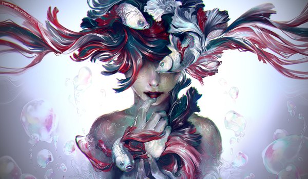 Anime picture 1500x875 with original yuumei long hair fringe wide image bare shoulders blue hair white hair red hair multicolored hair hair over one eye lipstick finger to mouth red lipstick girl animal bubble (bubbles) fish (fishes)