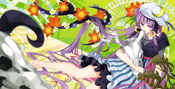 Anime picture 1200x615 with touhou patchouli knowledge tsurukame single fringe open mouth wide image sitting purple eyes purple hair very long hair barefoot horn (horns) bare legs alternate costume hug skeleton girl flower (flowers) hat