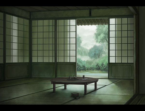 Anime picture 3839x2934 with original sasaj highres absurdres indoors sunlight letterboxed no people plant (plants) tree (trees) pillow book (books) table cup sliding doors tatami japanese house shouji yunomi