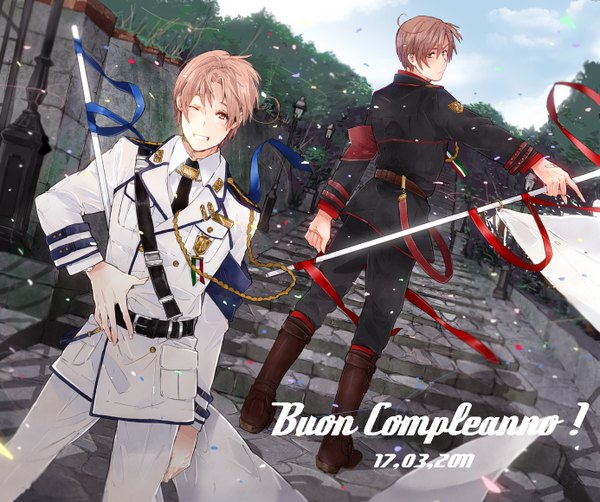Anime picture 1386x1160 with axis powers hetalia studio deen north italy (hetalia) south italy (hetalia) mugomugo short hair brown hair one eye closed looking back wink from behind hand on hip twins military boy uniform ribbon (ribbons) petals belt military uniform