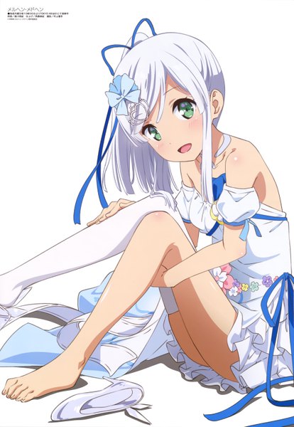 Anime picture 4091x5927 with marchen madchen megami magazine kagimura hazuki morikawa yuuki single long hair tall image blush highres open mouth light erotic white background green eyes absurdres white hair official art side ponytail girl thighhighs dress