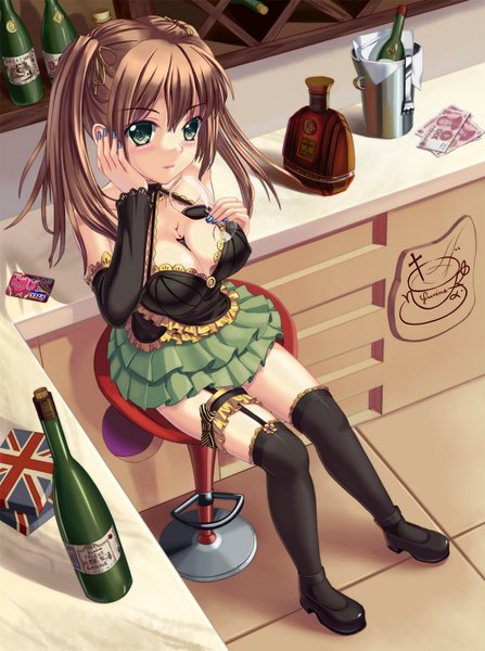 Anime picture 1100x1476 with original yurina (artist) single long hair tall image blush breasts light erotic brown hair sitting twintails green eyes girl thighhighs skirt black thighhighs detached sleeves wine glass wine bar
