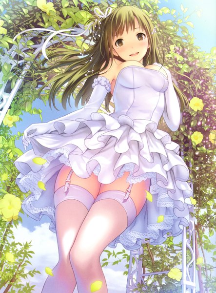 Anime picture 4048x5477 with ilog tsutsui aki mana kakkowarai single long hair tall image blush highres breasts open mouth light erotic smile brown hair bare shoulders brown eyes absurdres sky cloud (clouds) scan from below