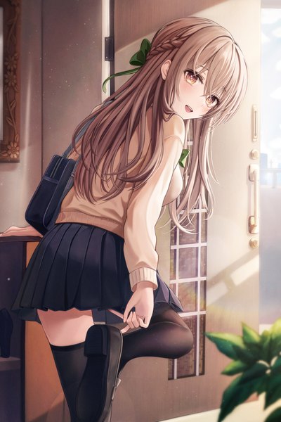 Anime picture 2000x3000 with original funii single long hair tall image looking at viewer blush fringe highres open mouth smile hair between eyes brown hair standing brown eyes payot bent knee (knees) indoors braid (braids) long sleeves