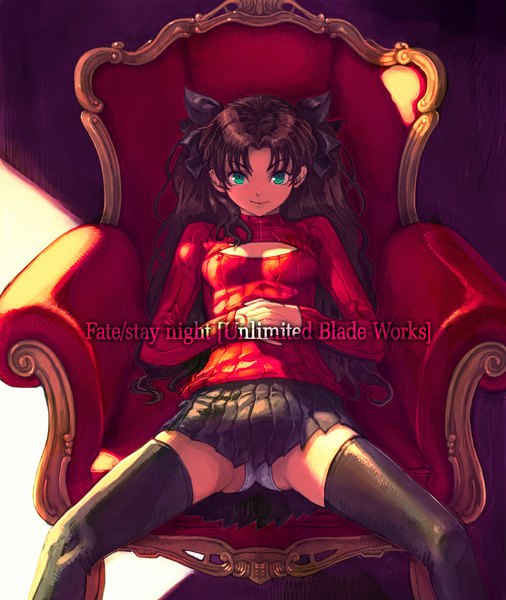 Anime picture 843x1000 with fate (series) fate/stay night type-moon toosaka rin boyaking(sbf) single long hair tall image looking at viewer light erotic brown hair sitting twintails green eyes pleated skirt spread legs pantyshot watermark pantyshot sitting girl