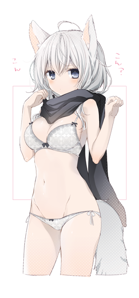 Anime picture 510x1089 with original komeshiro kasu single long hair tall image looking at viewer blush fringe breasts light erotic large breasts white background animal ears ahoge tail animal tail grey hair bare belly grey eyes underwear only