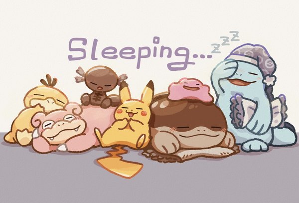 Anime picture 1299x882 with pokemon nintendo pikachu slowpoke psyduck ditto quagsire clodsire paldean wooper mochi (swallow-luff) simple background eyes closed text sleeping no people english gen 1 pokemon gen 2 pokemon gen 9 pokemon pillow