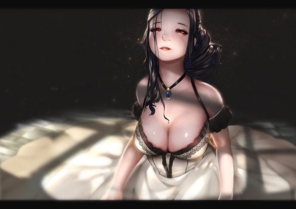 Anime picture 4960x3507 with original milk-doll single long hair fringe highres breasts light erotic black hair simple background large breasts sitting bare shoulders looking away absurdres cleavage from above sunlight blurry hair over one eye