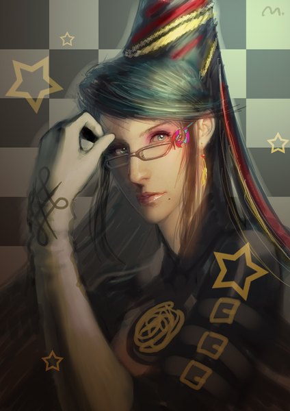 Anime picture 1000x1414 with bayonetta bayonetta (character) etmisa single long hair tall image signed aqua eyes mole lipstick eyeshadow mole under mouth hand on face checkered checkered background dark hair girl gloves earrings glasses