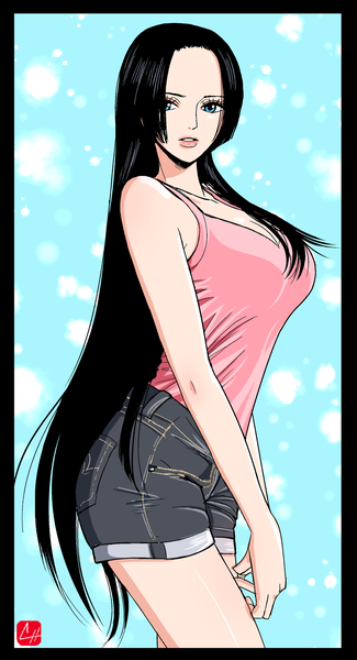 Anime picture 1042x1920 with one piece toei animation boa hancock chris re5 single long hair tall image looking at viewer breasts blue eyes black hair simple background standing signed cleavage parted lips lips sleeveless border blue background