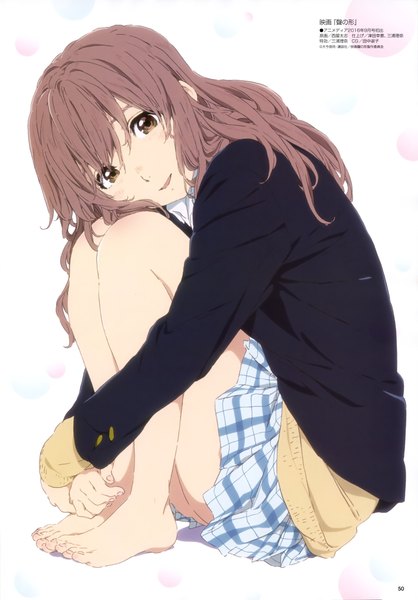 Anime picture 2848x4086 with koe no katachi kyoto animation megami magazine nishimiya shouko nishiya futoshi long hair tall image looking at viewer highres open mouth brown hair brown eyes barefoot official art girl skirt uniform school uniform miniskirt