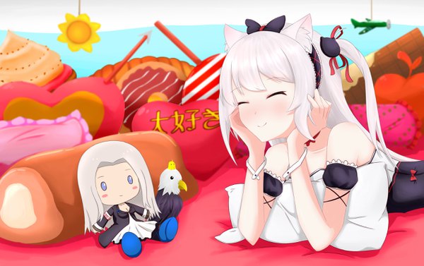 Anime picture 2540x1600 with azur lane hammann (azur lane) yorktown (azur lane) yuujoduelist single long hair blush fringe highres smile bare shoulders animal ears silver hair lying eyes closed blurry cat ears short sleeves depth of field striped