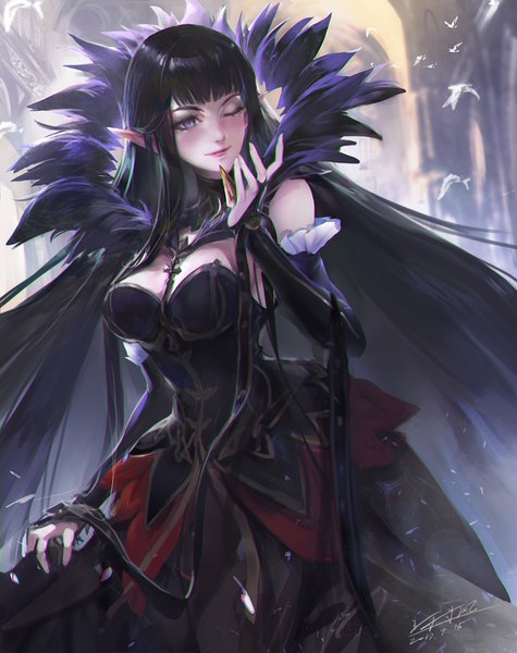 Anime picture 1132x1430 with fate (series) fate/apocrypha semiramis (fate) kang kang zi single long hair tall image blush fringe breasts black hair signed payot blunt bangs very long hair one eye closed arm up pointy ears wink dated