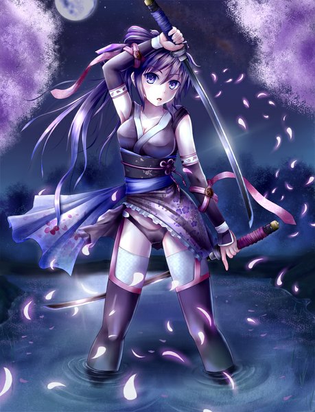 Anime picture 765x1000 with sengoku taisen kaihime noe noel single long hair tall image looking at viewer blush open mouth light erotic purple eyes cleavage purple hair traditional clothes japanese clothes night arms up :o armpit (armpits) night sky