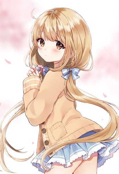 Anime picture 738x1074 with idolmaster idolmaster cinderella girls idolmaster cinderella girls starlight stage futaba anzu nazuna shizuku single long hair tall image looking at viewer blush fringe breasts light erotic blonde hair simple background standing twintails holding brown eyes payot