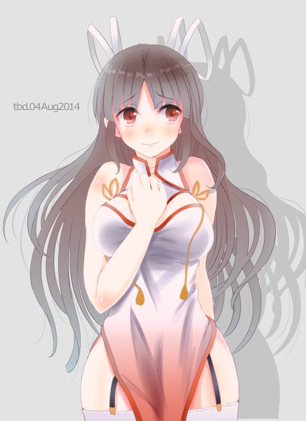 Anime picture 2181x3000 with kantai collection hiyou light aircraft carrier tebi (tbd11) single long hair tall image blush highres breasts light erotic simple background smile red eyes brown hair signed looking away grey background shadow alternate costume hand on chest