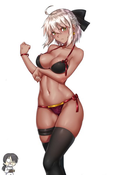 Anime picture 2308x3376 with fate (series) fate/grand order okita souji (fate) (all) okita souji alter (fate) kai (pixiv12466647) tall image looking at viewer blush fringe highres short hair breasts light erotic smile hair between eyes large breasts white background bare shoulders yellow eyes silver hair