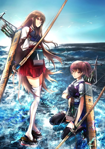 Anime picture 843x1193 with kantai collection kaga aircraft carrier akagi aircraft carrier renon (tenle) tall image fringe short hair open mouth brown hair multiple girls brown eyes sky bent knee (knees) ponytail very long hair traditional clothes japanese clothes zettai ryouiki side ponytail squat