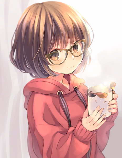 Anime picture 928x1200 with original kuga tsukasa single tall image looking at viewer blush fringe short hair simple background smile brown hair holding brown eyes upper body steam girl glasses hood hoodie mug