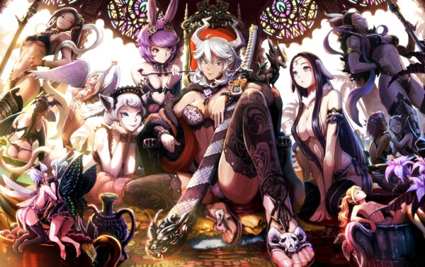 Anime picture 1690x1063 with original haitaka long hair looking at viewer blush short hair breasts open mouth light erotic black hair smile large breasts sitting purple eyes bare shoulders multiple girls animal ears cleavage silver hair purple hair
