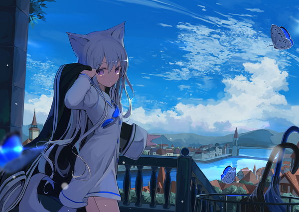 Anime picture 5098x3624 with original mikisai single long hair looking at viewer fringe highres hair between eyes standing purple eyes holding animal ears absurdres sky cloud (clouds) outdoors tail animal tail wind grey hair