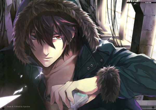 Anime picture 4000x2828 with shinrei tantei yakumo saitou yakumo suzuka oda single looking at viewer fringe highres short hair black hair hair between eyes brown hair holding absurdres fingernails scan open jacket official art wallpaper copyright name fur trim