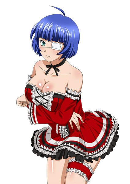 Anime picture 600x848 with ikkitousen ryomou shimei single tall image short hair breasts blue eyes light erotic simple background white background blue hair mole mole under mouth girl dress detached sleeves frills eyepatch