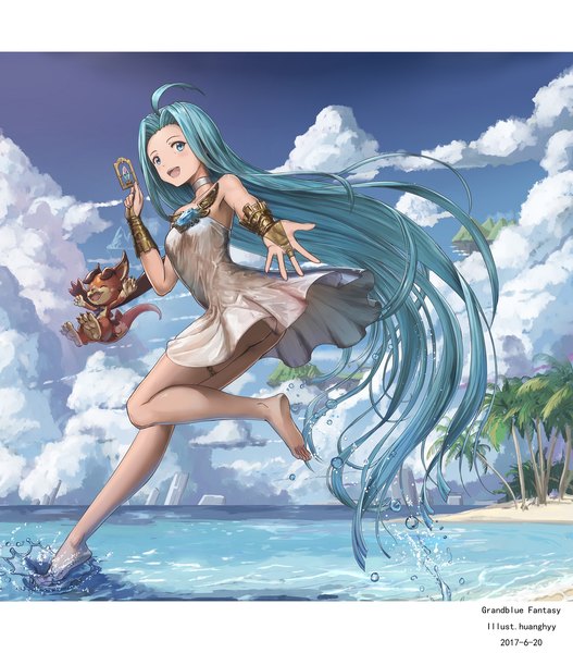 Anime picture 1540x1754 with granblue fantasy lyria (granblue fantasy) vee (granblue fantasy) huanghyy single tall image looking at viewer open mouth light erotic smile signed sky silver hair cloud (clouds) ahoge ass barefoot aqua eyes copyright name sleeveless