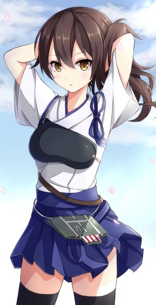 Anime picture 582x1131 with kantai collection kaga aircraft carrier rin yuu single long hair tall image brown hair brown eyes sky cloud (clouds) traditional clothes japanese clothes side ponytail arms behind head girl thighhighs black thighhighs armor breastplate muneate