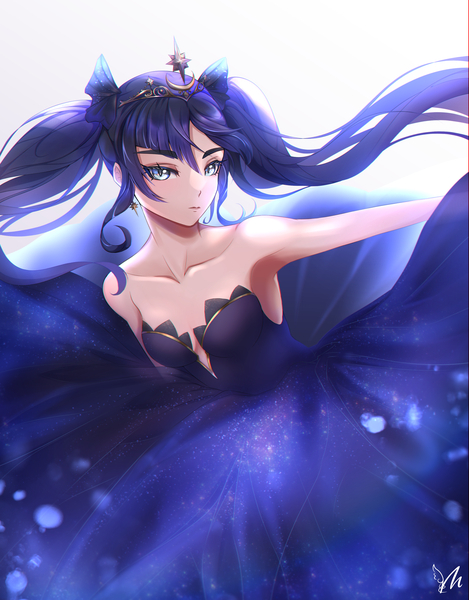Anime picture 2500x3200 with genshin impact mona megistus mercury jc single long hair tall image looking at viewer fringe highres breasts blue eyes simple background hair between eyes standing white background twintails signed payot purple hair armpit (armpits)