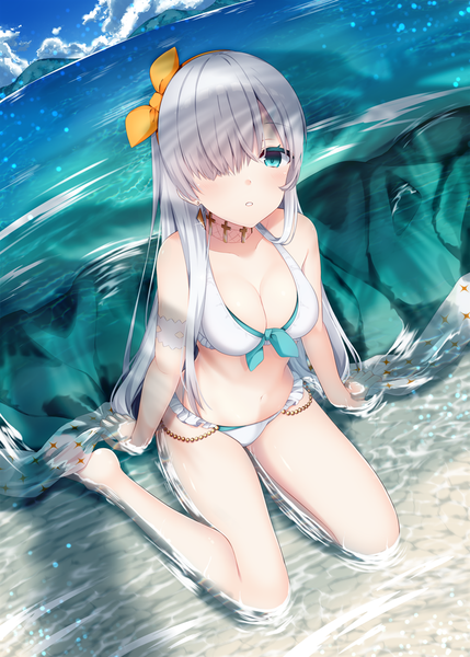 Anime picture 786x1100 with fate (series) fate/grand order anastasia (fate) akino (1i1i1i1i) single long hair tall image blush fringe breasts blue eyes light erotic sitting bare shoulders sky cleavage silver hair cloud (clouds) full body bent knee (knees)