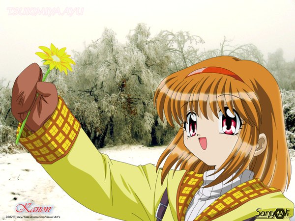 Anime picture 1600x1200 with kanon key (studio) tsukimiya ayu sanyok774 single short hair open mouth smile red eyes brown hair signed wallpaper vector third-party edit photo background girl flower (flowers) winter clothes mittens