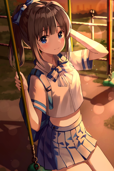 Anime picture 802x1200 with original ruda (ruda e) single long hair tall image looking at viewer blush fringe blue eyes brown hair sitting holding payot outdoors ponytail blunt bangs pleated skirt arm up sunlight short sleeves