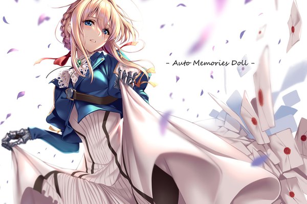 Anime picture 1343x897 with violet evergarden kyoto animation violet evergarden (character) piromizu single looking at viewer blush fringe short hair blue eyes simple background blonde hair hair between eyes standing white background payot braid (braids) parted lips from below dutch angle