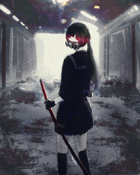 Anime picture 1920x2400 with original aoi ogata long hair tall image looking at viewer highres black hair red eyes standing holding ponytail indoors looking back from behind girl gloves uniform weapon school uniform sword