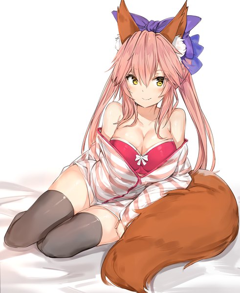 Anime picture 1300x1590 with fate (series) fate/extra tamamo (fate) (all) tamamo no mae (fate) silver (chenwen) single long hair tall image looking at viewer blush fringe breasts light erotic simple background smile hair between eyes large breasts white background sitting twintails