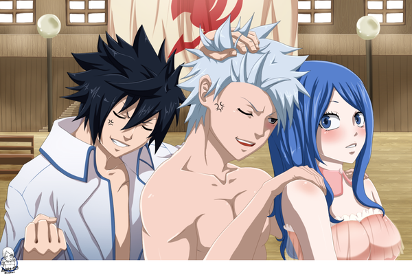 Anime picture 1500x1000 with fairy tail gray fullbuster juvia lockser lyon bastia enara123 long hair blush short hair open mouth blue eyes black hair smile blue hair silver hair eyes closed one eye closed wink open clothes multiple boys grey eyes