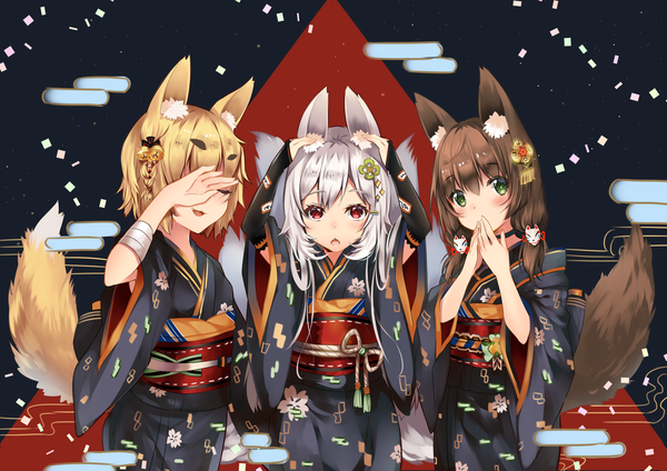 Anime picture 3000x2121 with original three monkeys usagihime long hair looking at viewer blush highres short hair open mouth blonde hair red eyes brown hair multiple girls green eyes animal ears silver hair tail traditional clothes japanese clothes animal tail