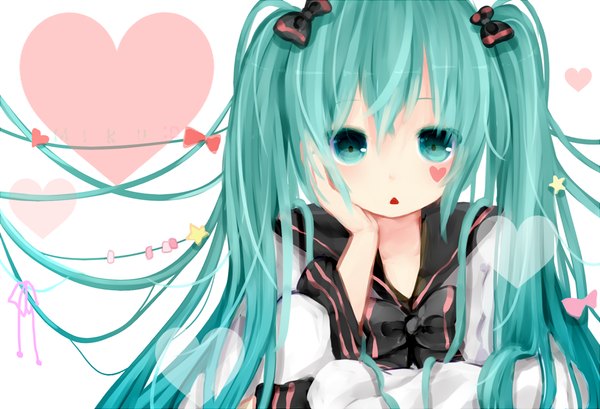 Anime picture 1260x860 with vocaloid hatsune miku nachi single long hair open mouth twintails aqua eyes aqua hair girl bow hair bow serafuku heart