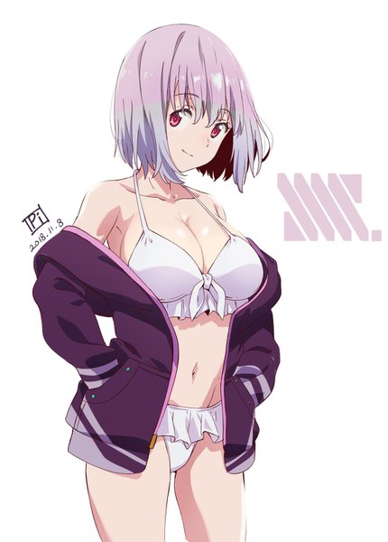 Anime picture 1124x1568 with gridman universe ssss.gridman studio trigger shinjou akane kanbe piroshiki single tall image looking at viewer fringe short hair breasts light erotic simple background red eyes large breasts standing white background purple hair off shoulder open jacket