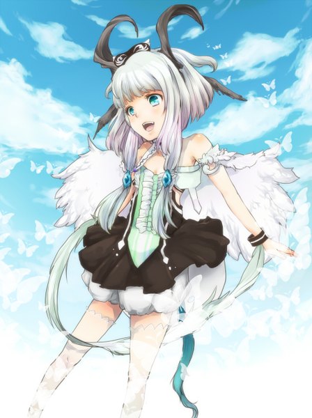 Anime picture 1000x1338 with rune factory selzawill single tall image short hair open mouth blue eyes sky cloud (clouds) white hair horn (horns) girl thighhighs dress white thighhighs wings insect butterfly