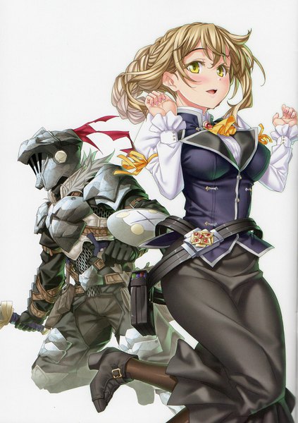 Anime picture 2000x2839 with goblin slayer! white fox goblin slayer guild girl (goblin slayer!) kannatsuki noboru long hair tall image looking at viewer blush fringe highres breasts open mouth blonde hair simple background smile hair between eyes large breasts standing white background
