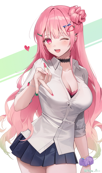 Anime picture 1500x2540 with original naru single long hair tall image looking at viewer blush fringe breasts open mouth simple background smile large breasts standing signed pink hair cleavage blunt bangs nail polish pleated skirt