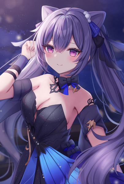 Anime picture 2717x4035 with genshin impact keqing (genshin impact) keqing (opulent splendor) (genshin impact) komari mhy single long hair tall image looking at viewer blush fringe highres breasts light erotic smile hair between eyes large breasts standing purple eyes twintails bare shoulders