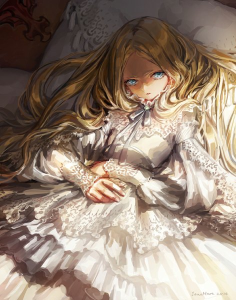 Anime picture 900x1143 with original jane mere single long hair tall image looking at viewer blue eyes blonde hair signed lying on back girl pillow bed lace