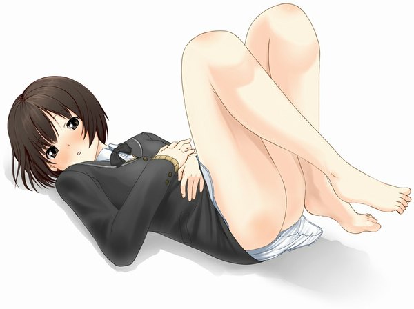 Anime picture 1000x748 with amagami tachibana miya couzone single looking at viewer blush short hair light erotic black hair simple background white background ass barefoot black eyes legs girl