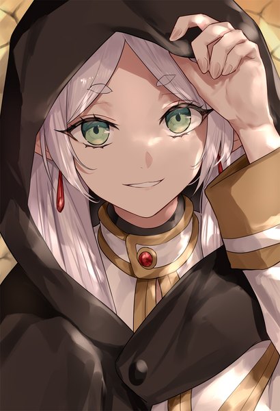 Anime picture 992x1450 with sousou no frieren frieren asle single long hair tall image looking at viewer smile green eyes silver hair upper body from above eyebrows adjusting hood girl earrings hood