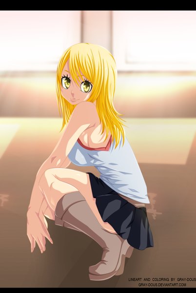 Anime picture 895x1336 with fairy tail lucy heartfilia gray-dous single long hair tall image breasts light erotic blonde hair smile large breasts yellow eyes pleated skirt sunlight coloring squat girl skirt thigh boots t-shirt