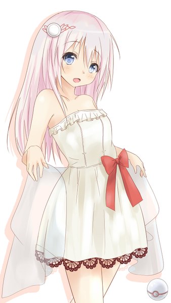 Anime picture 1000x1774 with pokemon nintendo saku (kudrove) single long hair tall image blush open mouth blue eyes white background white hair girl hair ornament bow sundress pokeball