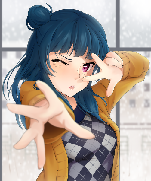 Anime picture 2409x2875 with love live! sunshine!! sunrise (studio) love live! tsushima yoshiko tiribrush single long hair tall image looking at viewer blush fringe highres open mouth blue hair upper body indoors blunt bangs one eye closed pink eyes blurry